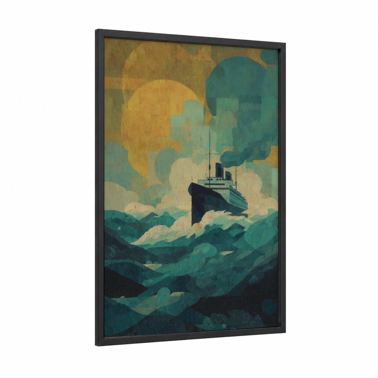 Vintage Ocean Liner framed cruise ship print — black wood frame — teal and yellow gold palette
