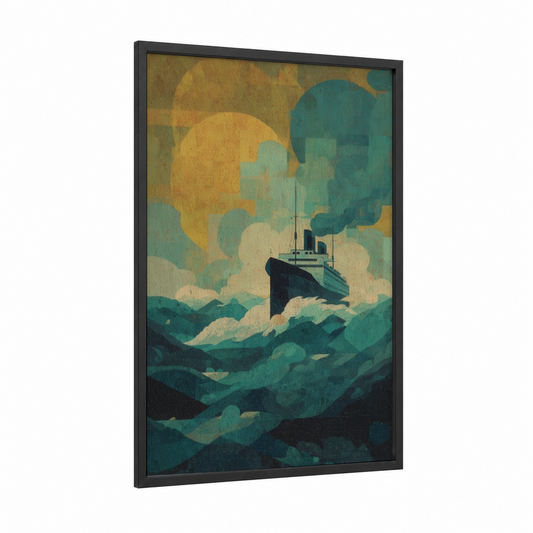 Vintage Ocean Liner framed cruise ship print — black wood frame — teal and yellow gold palette