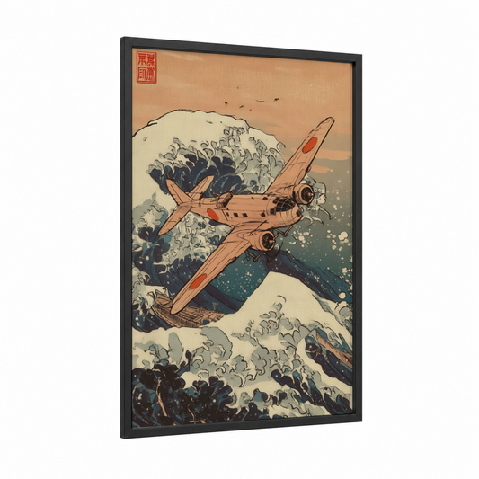 Crimson Vintage Plane framed vintage airplane print — black wood frame — peach and teal palette