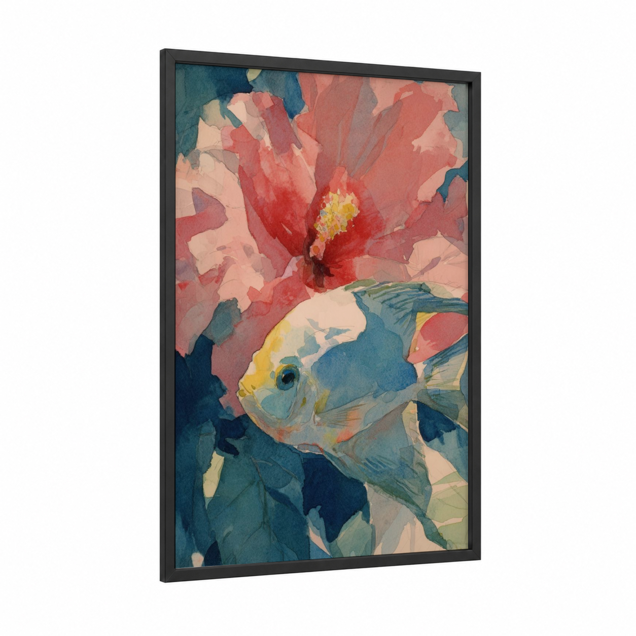 Coral Discus framed discus fish print — black wood frame — salmon pink and blue palette