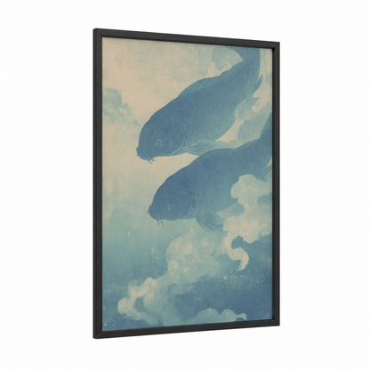 Celestial Pisces Pair framed art print — black wood frame — blue and cream palette