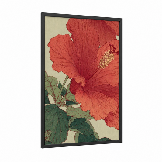 Crimson Hibiscus Bloom framed art print — black wood frame — red and green palette