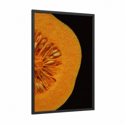 Golden Citrus Half framed fruit print — black wood frame — orange and gold palette