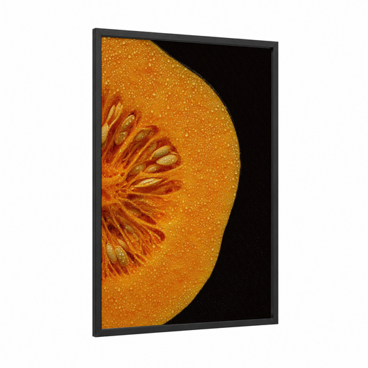Golden Citrus Half framed fruit print — black wood frame — orange and gold palette
