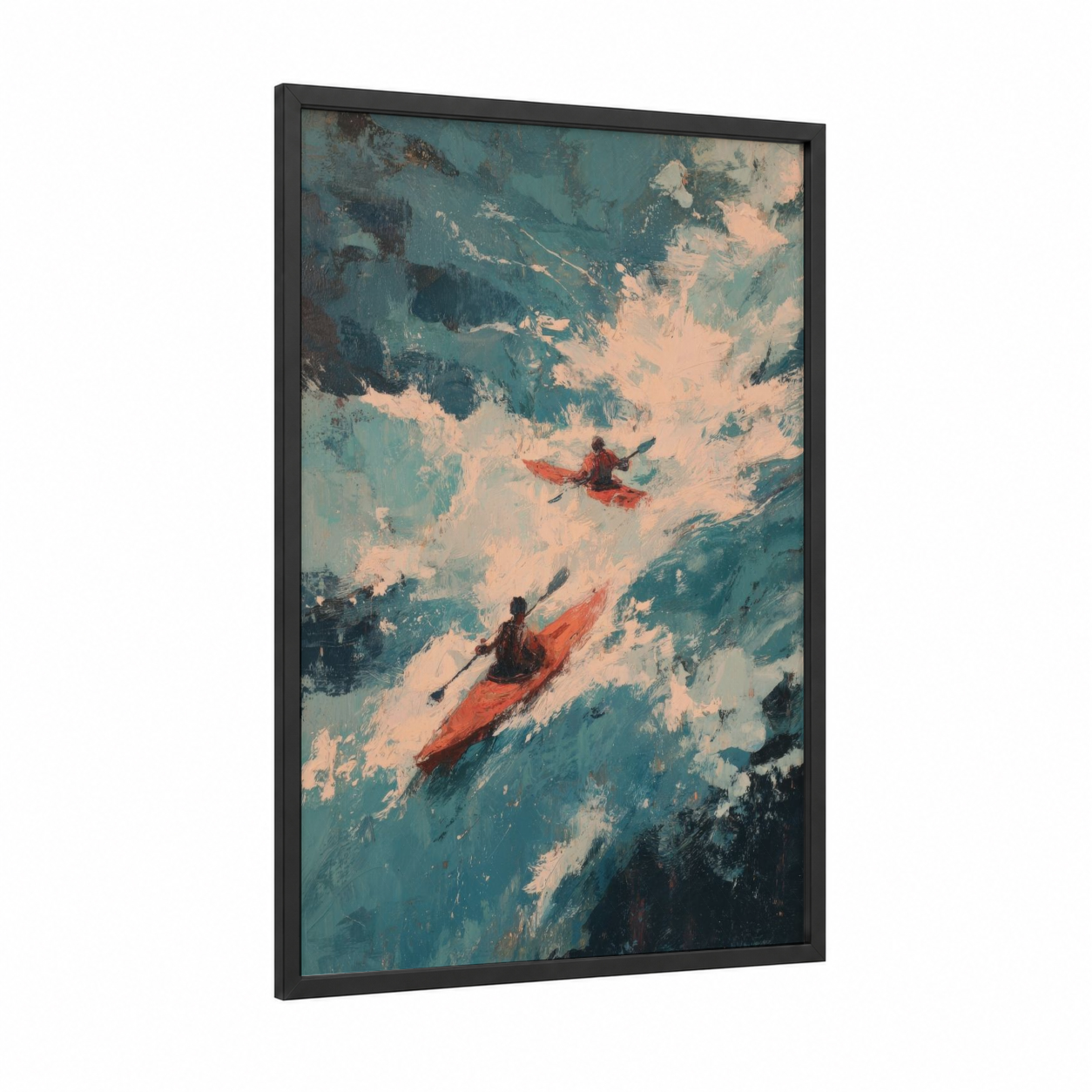 Red Kayak Adventure framed kayaks and canoes print — black wood frame — teal and peach palette
