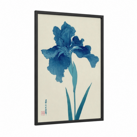 Blue Iris Bloom framed art print — black wood frame — blue and cream palette