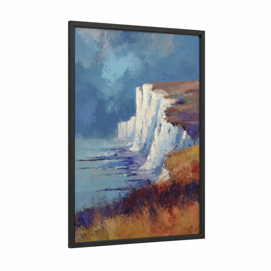 Coastal Chalk Cliffs framed art print — black wood frame — blue and white and gold palette