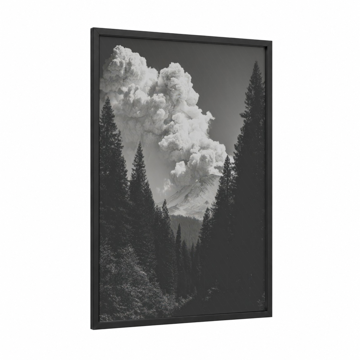 Smoking Volcano framed art print — black wood frame — black and white and gray palette