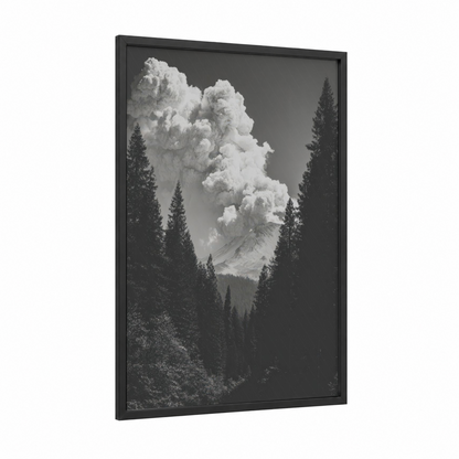 Smoking Volcano framed art print — black wood frame — black and white and gray palette