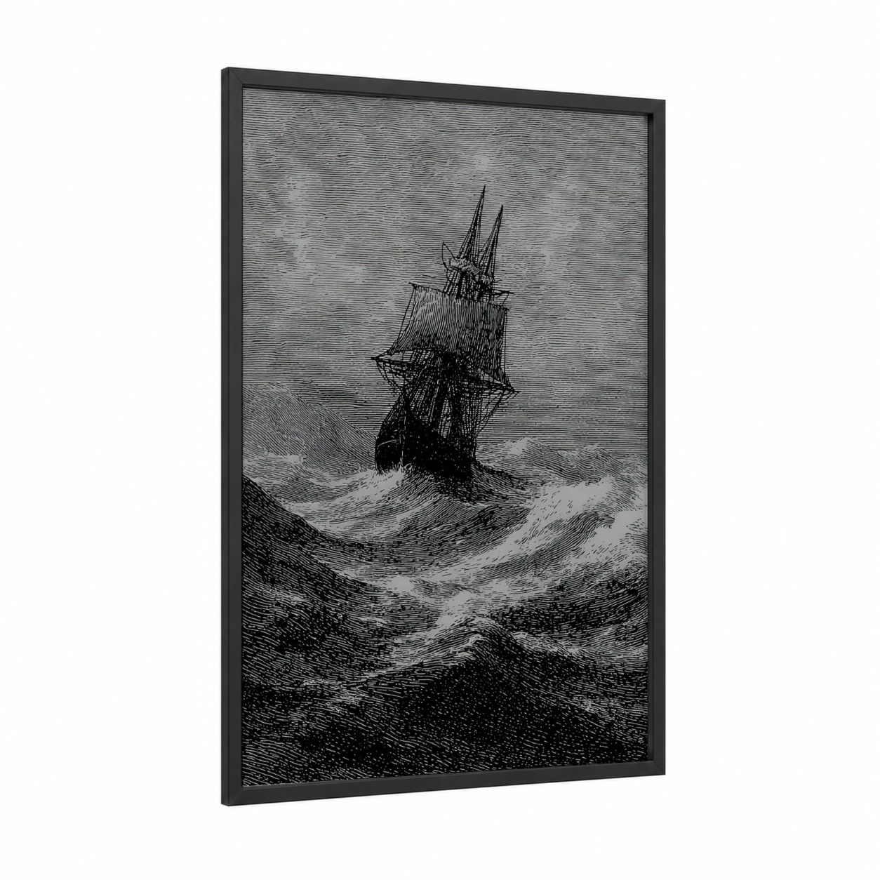 Tempestuous Vessel framed old ships print — black wood frame — black and white palette