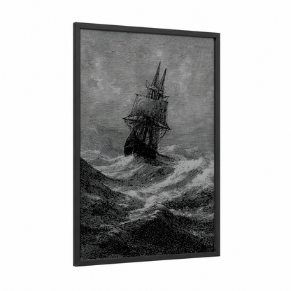 Tempestuous Vessel framed old ships print — black wood frame — black and white palette