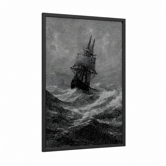 Tempestuous Vessel framed old ships print — black wood frame — black and white palette