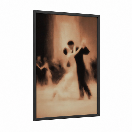 Elegant Ballroom Pair framed ballroom dance print — black wood frame — cream and russet palette