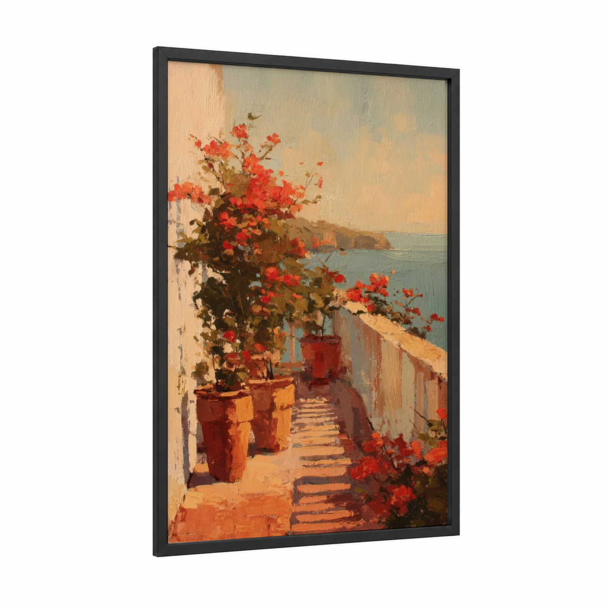 Mediterranean Sunrise framed art print — black wood frame — red and gold palette