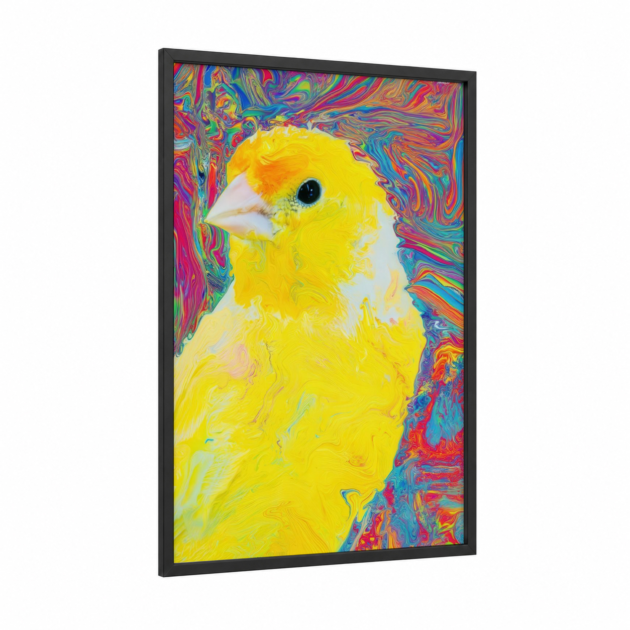 Vibrant Canary framed canaries print — black wood frame — yellow and magenta palette