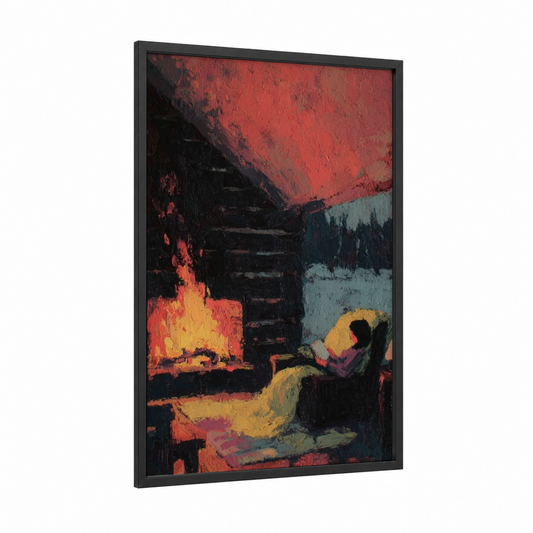 Fireside Reading framed art print — black wood frame — red and yellow gold palette