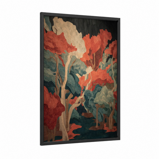 Crimson Mangrove framed art print — black wood frame — red and dark green palette