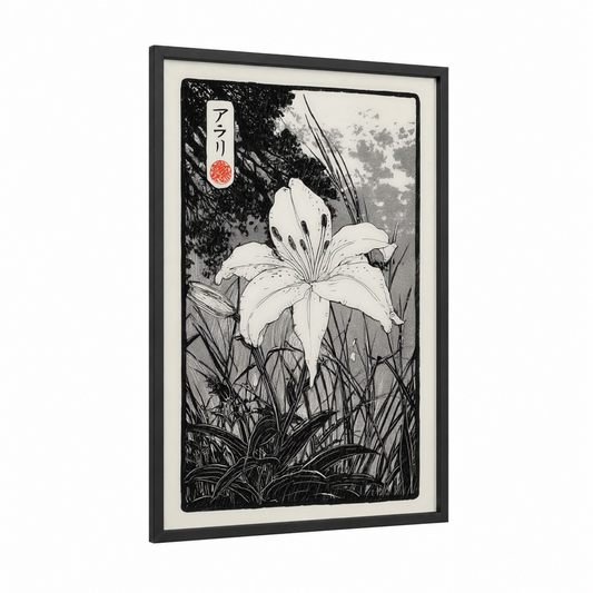 Amarillys in Shadow framed art print — black wood frame — black and white palette
