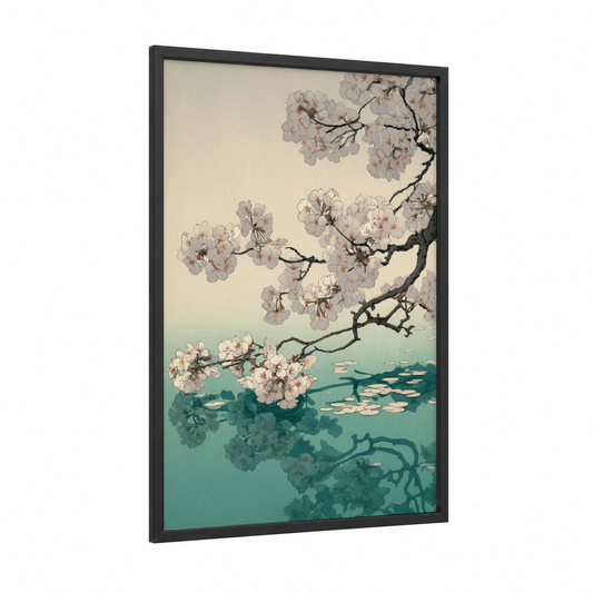 Cherry Blossom Reflection framed cherry blossoms print — black wood frame — peach and teal palette