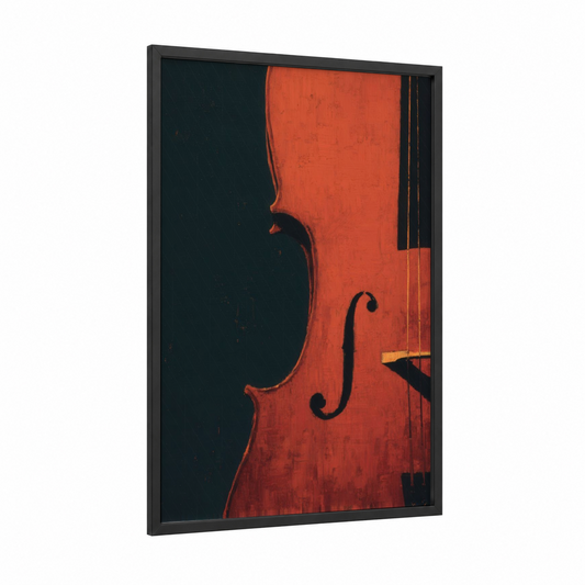 Crimson Cello framed art print — black wood frame — red and black and blue palette