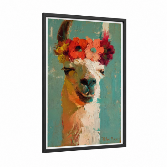 Flower Crown Llama framed art print — black wood frame — teal and red palette