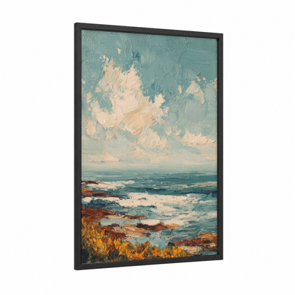 Coastal Morning Light framed morning sky print — black wood frame — teal and cream palette