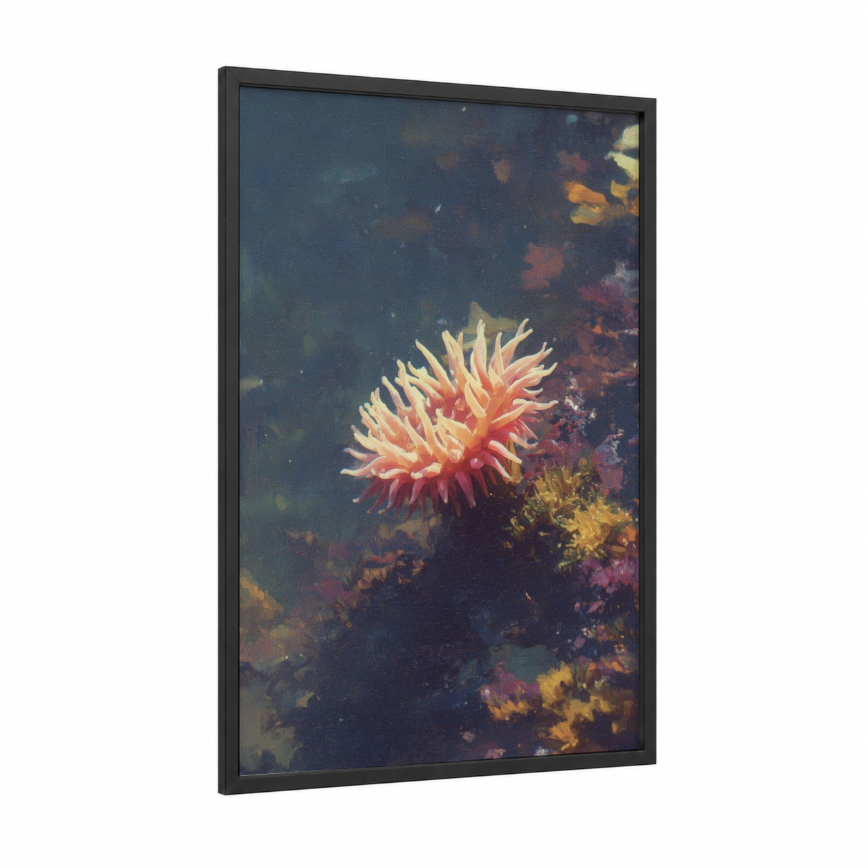 Coral Anemone framed sea anemone print — black wood frame — blue and orange palette