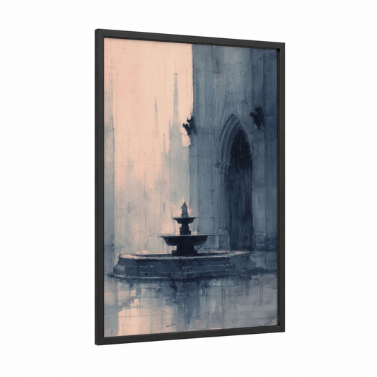 Misty Cathedral Fountain framed fountains print — black wood frame — peach and dove gray palette