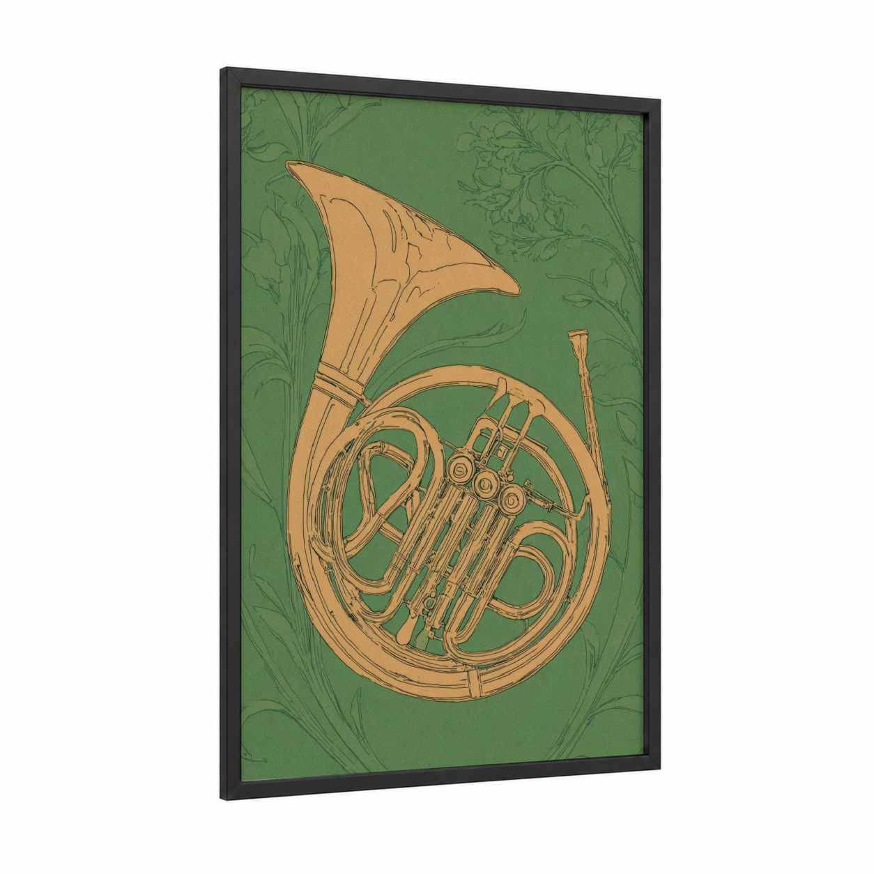 Golden Horn Botanical framed french horn print — black wood frame — sage green and gold palette