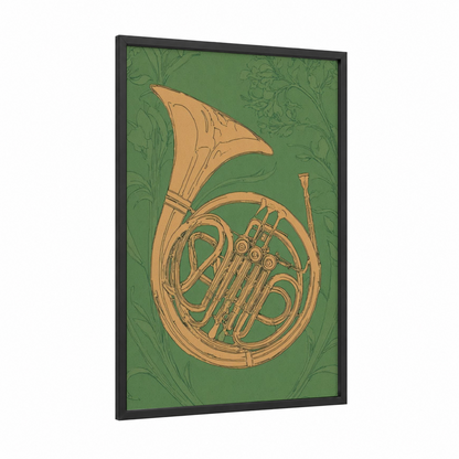 Golden Horn Botanical framed french horn print — black wood frame — sage green and gold palette