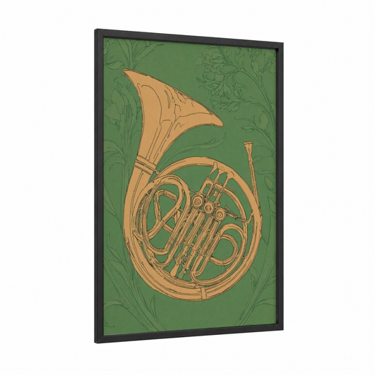 Golden Horn Botanical framed french horn print — black wood frame — sage green and gold palette
