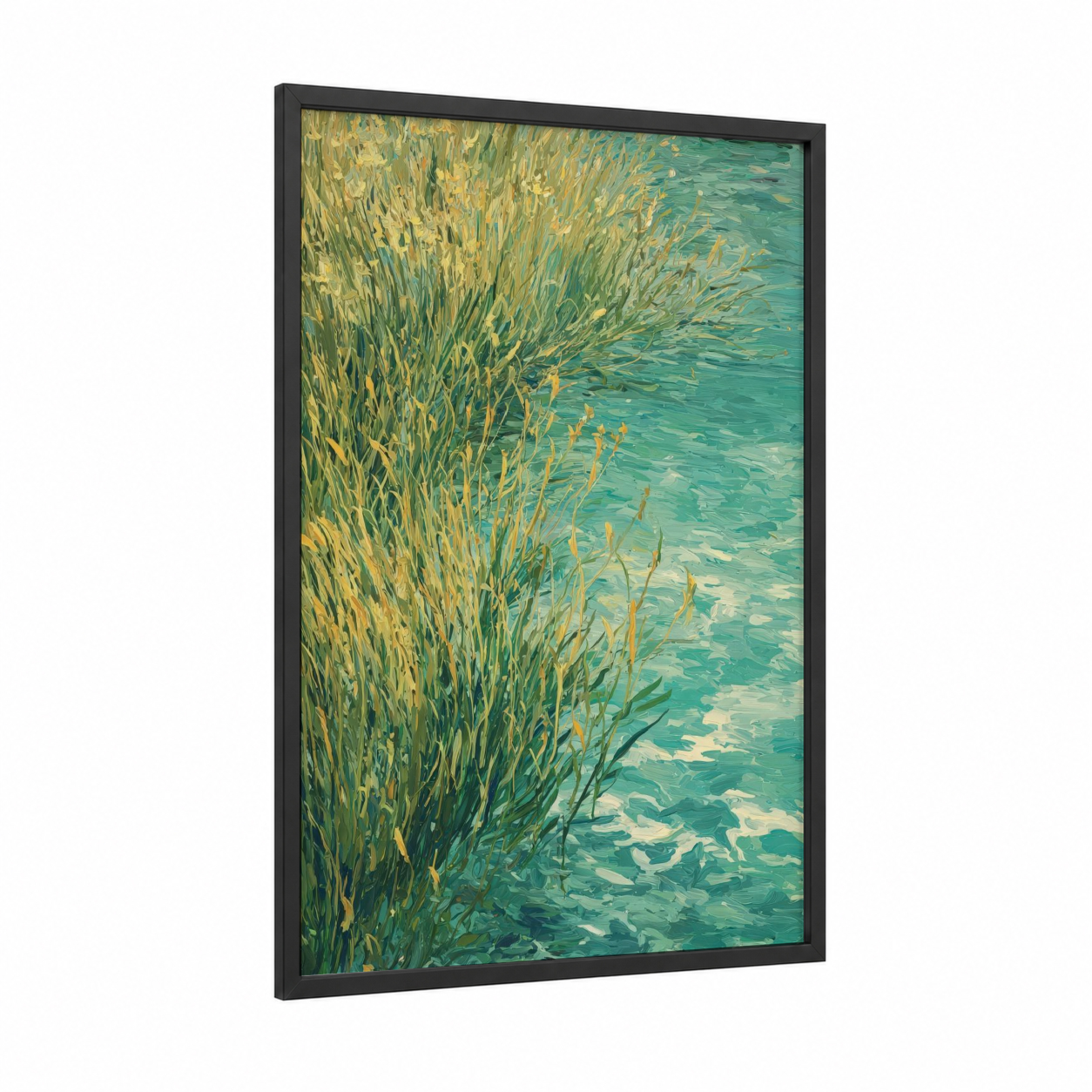 Turquoise Waterside Grass framed art print — black wood frame — teal and gold palette