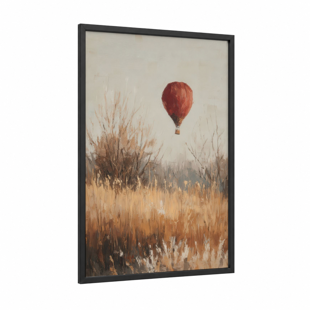 Crimson Ascent framed hot air baloon print — black wood frame — russet and cream palette