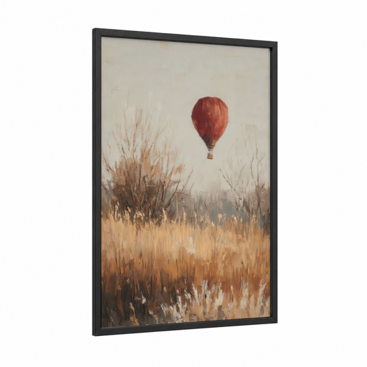 Crimson Ascent framed hot air baloon print — black wood frame — russet and cream palette