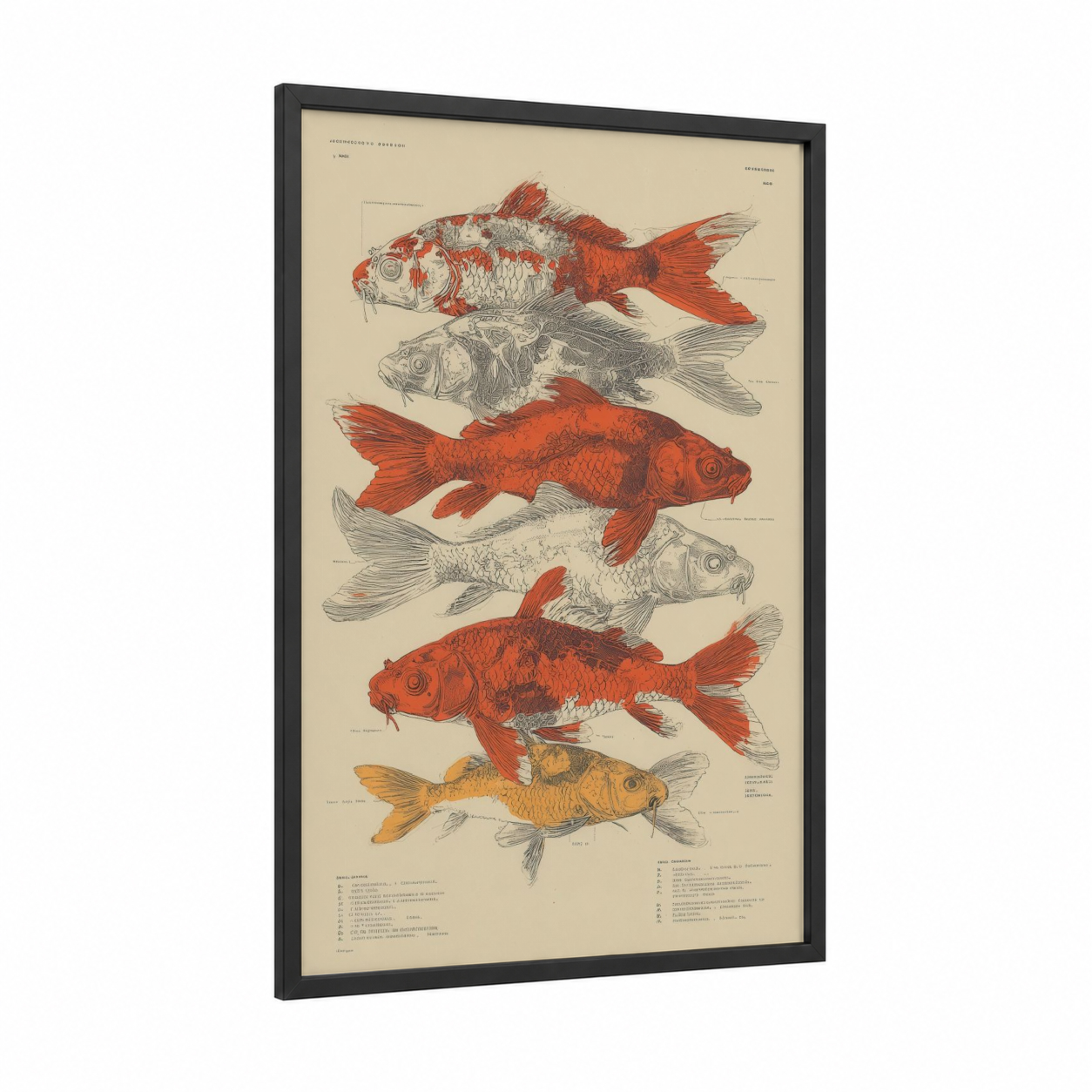 Vintage Koi Varieties framed koi fish print — black wood frame — red and cream palette