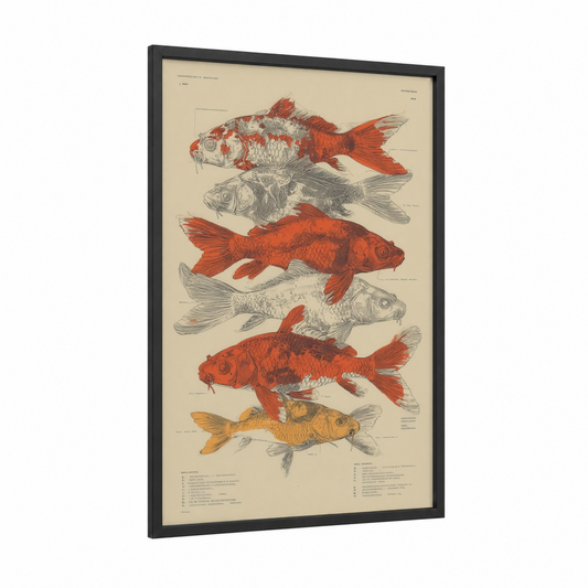 Vintage Koi Varieties framed koi fish print — black wood frame — red and cream palette