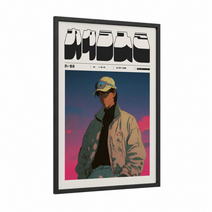Sunset Technician framed anime and manga print — black wood frame — magenta and gold palette