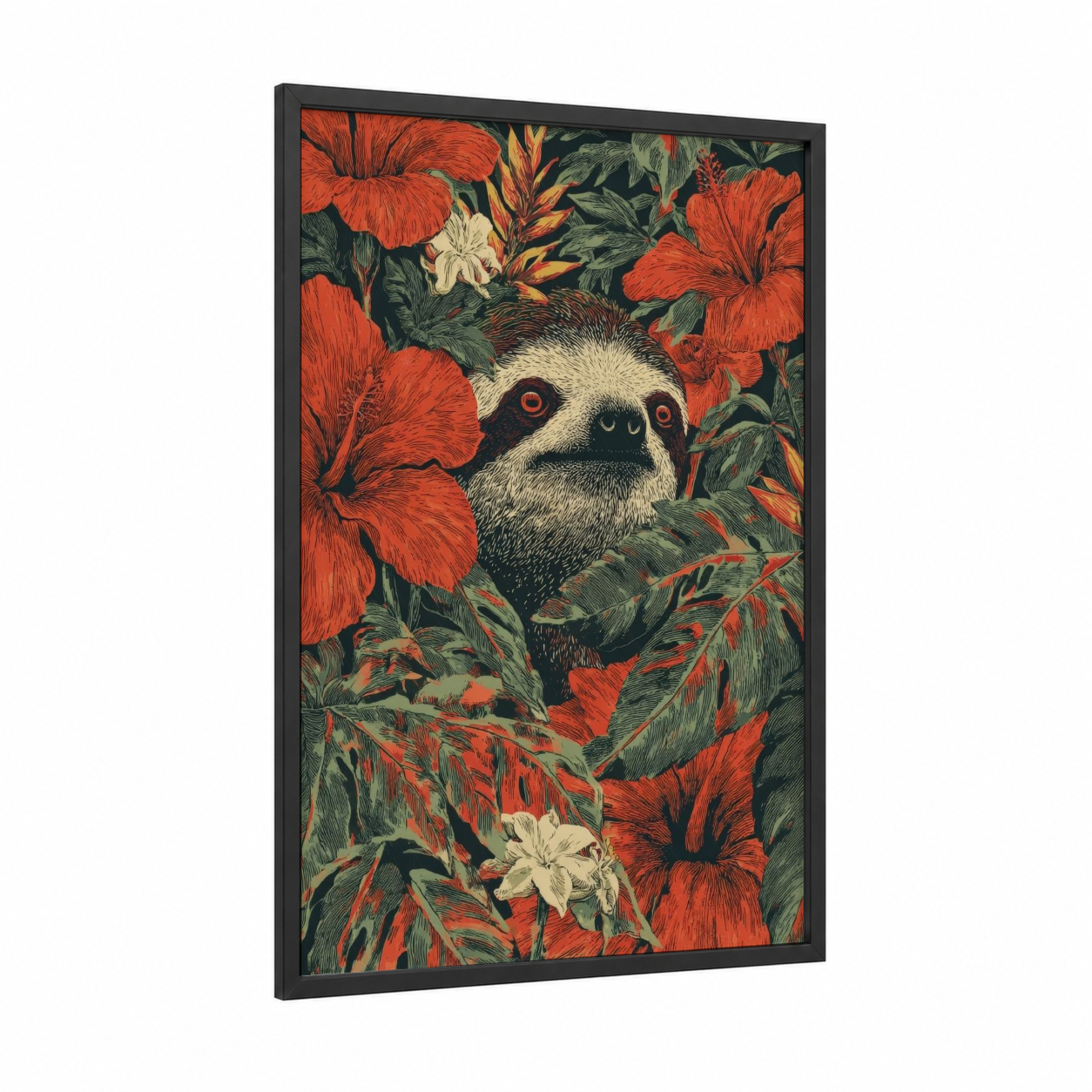 Floral Sloth framed art print — black wood frame — red and dark green palette