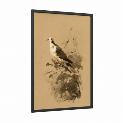 Perched Dove framed art print — black wood frame — beige and dove gray palette
