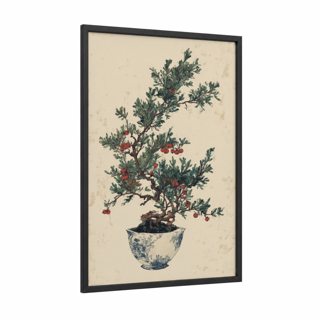 Potted Juniper Bonsai framed juniper tree print — black wood frame — cream and dark green palette