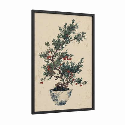 Potted Juniper Bonsai framed juniper tree print — black wood frame — cream and dark green palette
