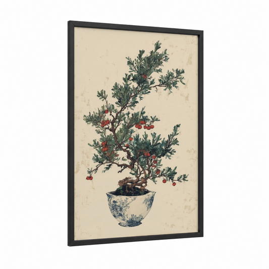 Potted Juniper Bonsai framed juniper tree print — black wood frame — cream and dark green palette
