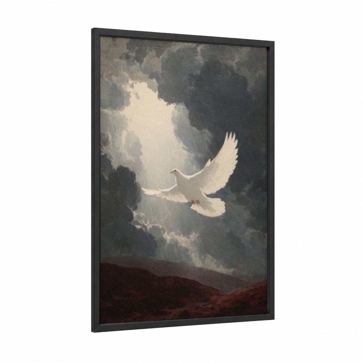 Heavenly Dove framed pentecost print — black wood frame — white and gray palette