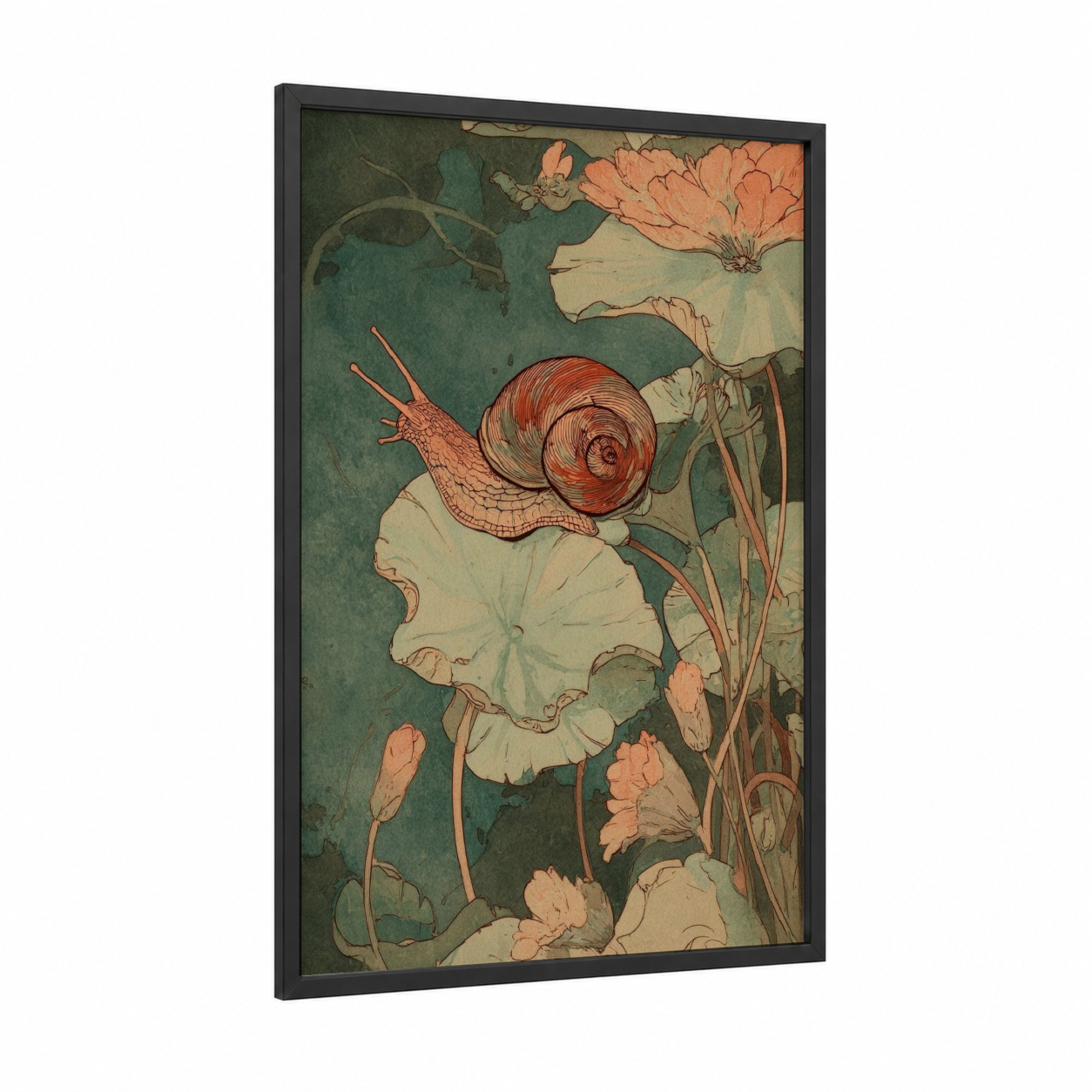 Garden Snail framed art print — black wood frame — teal and cream palette