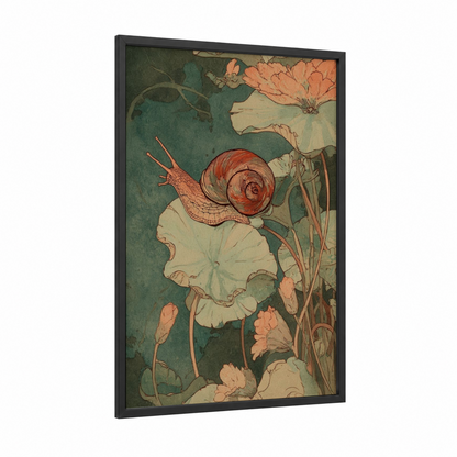 Garden Snail framed art print — black wood frame — teal and cream palette