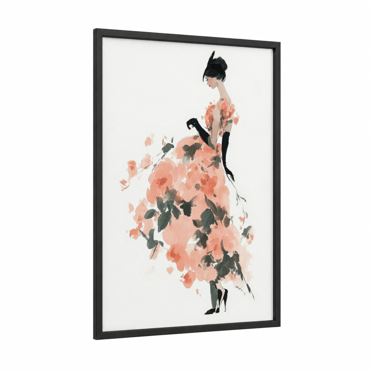 Coral Rose Elegance framed roses print — black wood frame — salmon pink and black palette