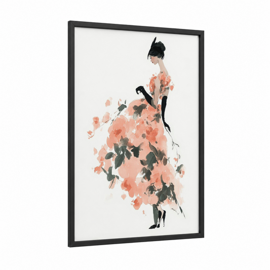 Coral Rose Elegance framed roses print — black wood frame — salmon pink and black palette