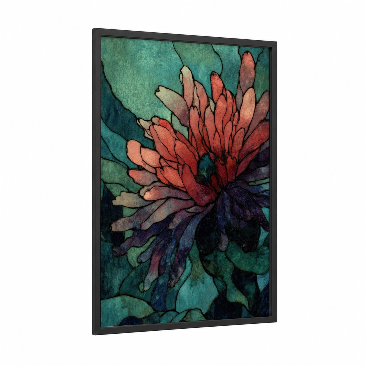 Crimson Anemone framed sea anemone print — black wood frame — teal and red palette
