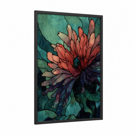 Crimson Anemone framed sea anemone print — black wood frame — teal and red palette