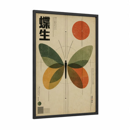 Japanese Butterfly Geometric Wall Art framed art print — black wood frame — beige and orange palette